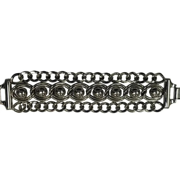 Vintage Ball Beaded Chunky Chain Link Bangle Bracelet Silver Tone Box Clasp - Picture 1 of 2